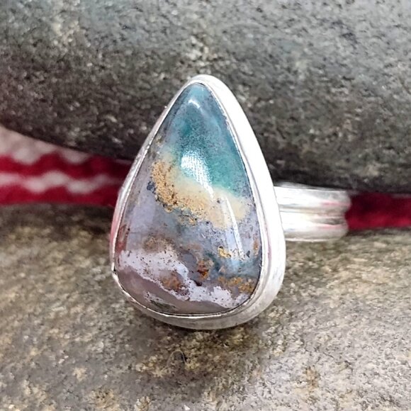 Gorgeous Ocean Jasper Agate Sterling Silver 925 Teardrop Shaped Ring Size 6 - Picture 1 of 7